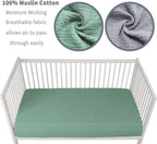 Muslin Crib Sheets for Boys Girls 100% Cotton Fitted Baby Crib Sheet 2 Pack Soft and Breathable for Standard Crib Mattress & Toddler Mattress 52x28in (Gray & Green)