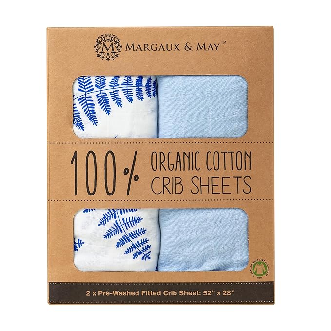 Margaux & May Organic Muslin Cotton Baby Crib Sheets, Blue Fern Print 2 Pack, Fitted, Breathable, Toddler Bedding, 52 x 28, Deep Pocket, Organic Crib Sheets for Cozy Sleep