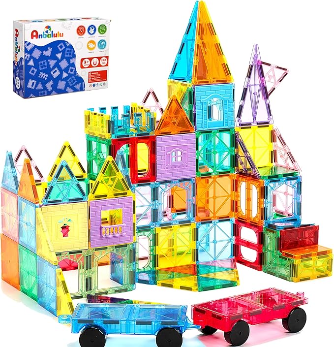 Magnetic Tiles 100PCS with 2 Cars, STEM Educational Building Blocks for Kids Ages 3-9, Magnet Construction Toys Gift for Toddlers