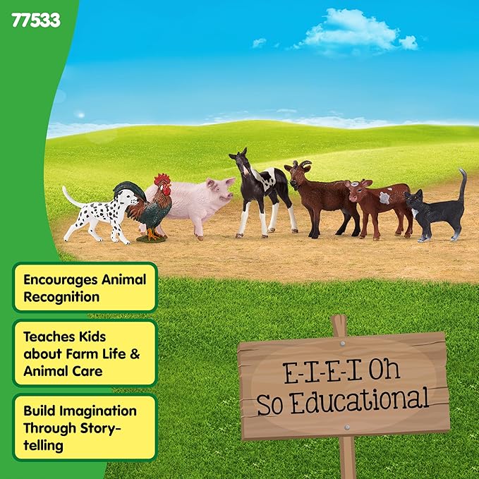 Schleich Farm World - 7 PC Farm Animal Playset with Dog, Cat, Pig, Goat, Rooster, Baby Horse and Cow Toys - Realistic Barnyard Figurines - Fun Educational Figures For Kids and Toddlers Ages 3+ | 77533