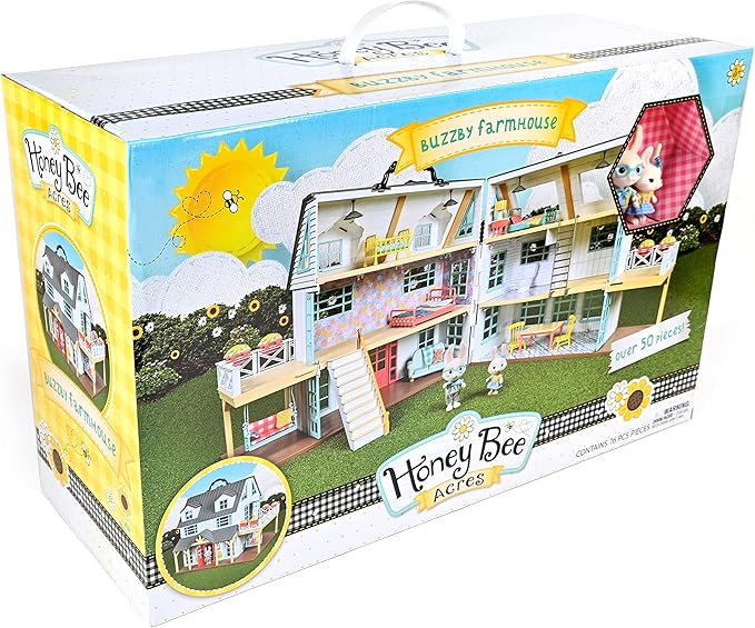 Sunny Days Entertainment Honey Bee Acres Buzzby Farmhouse – 49 Furniture Accessories with 2 Exclusive Figures | 15 Inch Dollhouse Playset | Pretend Play Toys for Kids