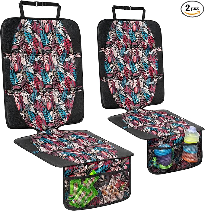 Car Seat Protector for Child Car Seat, 2 Pack Baby Car Seat Covers with Mesh Pockets & Non-Slip Backing 600D Durable Seat Protector Under Baby Car Seat for Car Back Seat (Red Leaves, Large)