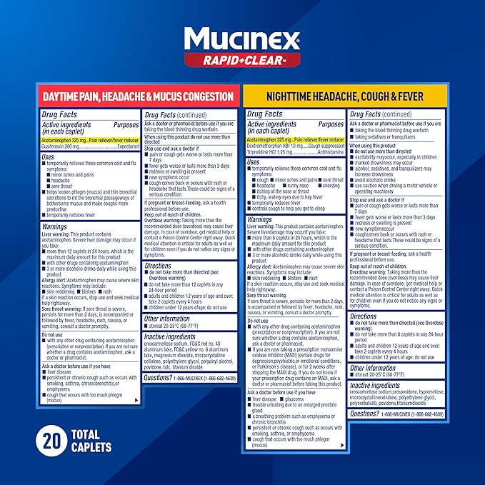 Mucinex Rapid+Clear Maximum Strength Day & Night Cold and Flu Medicine for Adults (20 caplets) + Sinus Pressure Relief Nasal Spray (0.75 oz), Over-The-Counter Medication Combo Pack for Symptom Relief