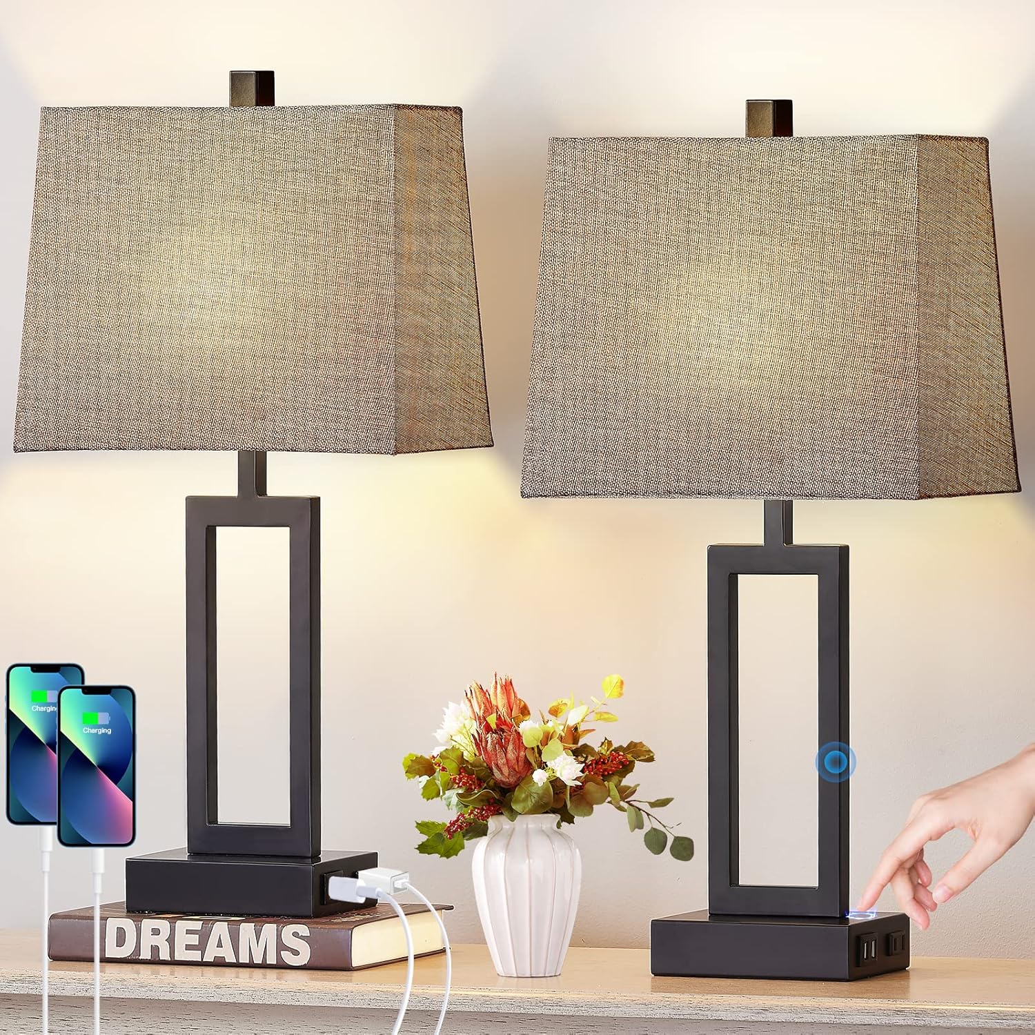 23.5" Touch Control Table Lamps Set of 2, Bedside Lamp with 2 USB Charging Ports & AC Outlet, 3-Way Dimmable Modern Nightstand Lamp for Living Room Bedroom End Table Office(2700K 2 LED Bulbs Included)