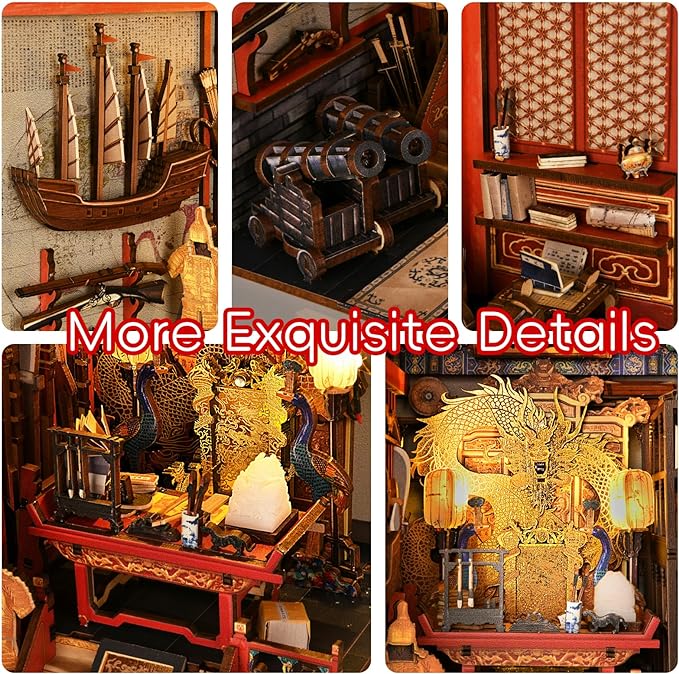 Book Nook Kit, DIY Dollhouse Booknook, Book Nook Miniature Kit for Bookshelf Insert Decor Crafts for Adults Teen Halloween, 3D Wooden Puzzle with Led Light (The Emperor's Study)