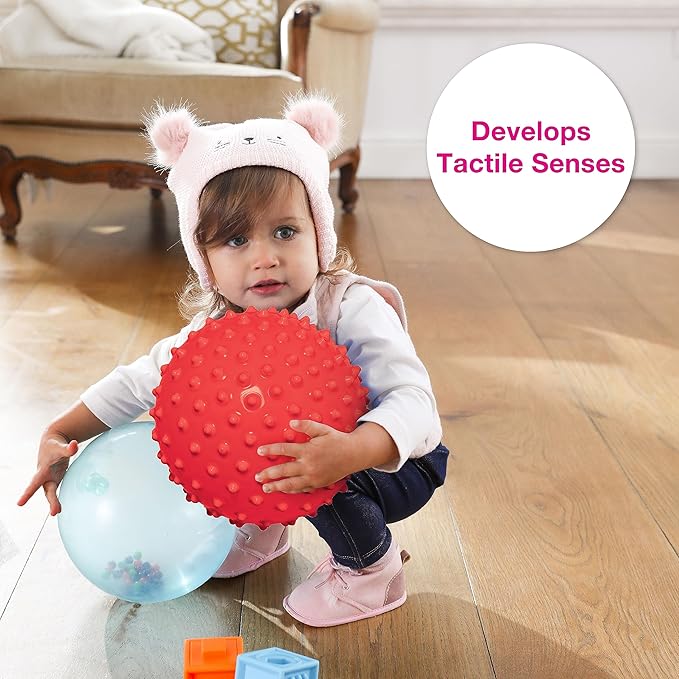 Edushape The Original Sensory Ball for Baby - 7" Deflated with Pump Red Color Baby Ball That Helps Enhance Gross Motor Skills for Kids Aged 6 Months & Up - Colorful Unique Toddler Ball