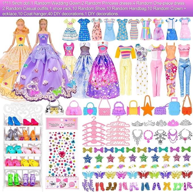 91pcs 11.5 Inch Girl Doll with Clothes, Accessories and Closet - Princess Gowns, Fashion Dresses, Outfits, Swimsuits, Shoes, Hangers - Dress Up Toys for Girls, Kids, Toddlers (Doll Included)