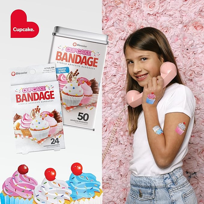 BioSwiss Bandages, Cupcake Shaped Self Adhesive Bandage, Latex Free Sterile Wound Care, Fun First Aid Kit Supplies for Kids, 24 Count