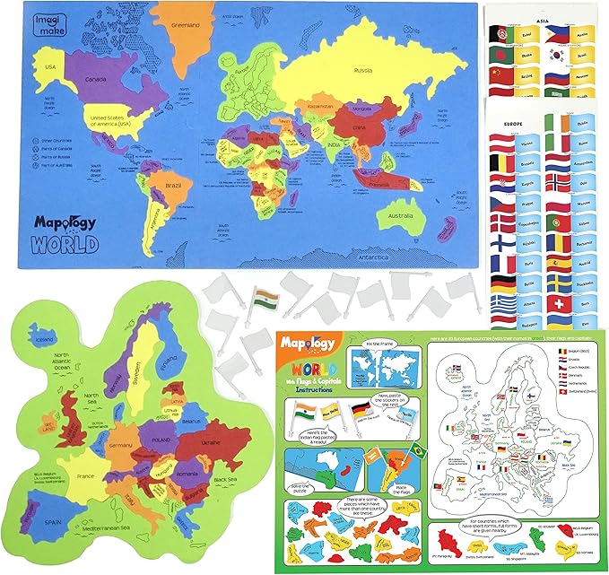Imagimake Mapology World Map Puzzle - Includes Country Flags & Capitals | Fun Jigsaw Puzzle Kids Ages 5-8 | Educational Toys for Ages 8-13 | Geography Gifts for Girls & Boys 5, 6, 7, 8, 9, 10, 11, 12