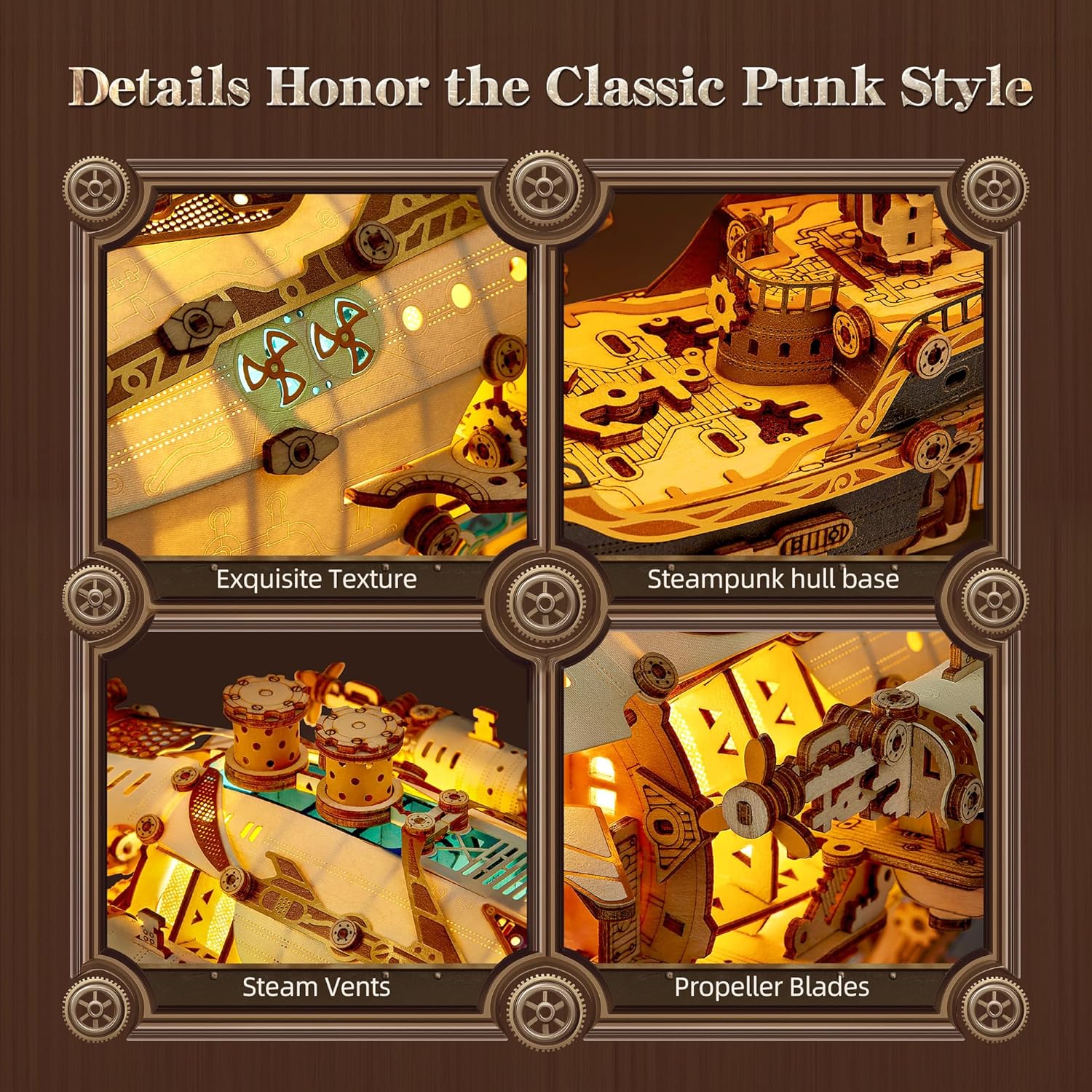 LED 3D Wood Puzzle Fantasy Airship Model - Steampunk DIY Craft Kit with LED Lights – Intricate Wooden Airship Model Building Set for Teens and Adults(White)