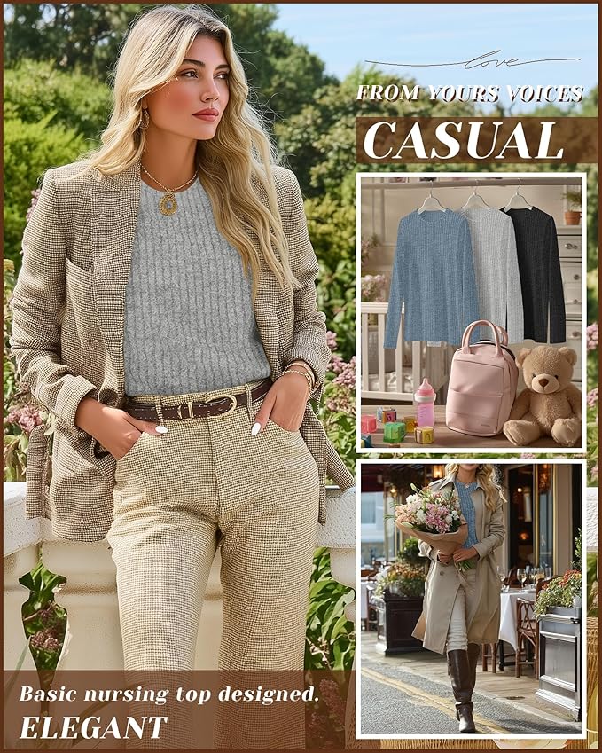 3 Pack Women's Nursing Long Sleeve Tops Breastfeeding Thermal Sweaters with Hidden Zipper Maternity Ribbed Shirts