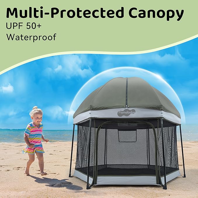 Pamo Babe Baby Playpen with Sun Protection Canopy - Indoor & Outdoor Play Yard for Babies and Toddlers - Baby Tent with Zipper Door