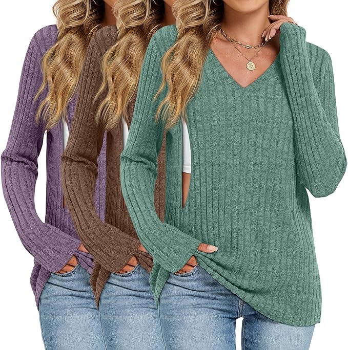 3 Pack Women's Maternity Nursing Tops, V Neck Breastfeeding Sweaters Long Sleeve Hidden Zipper Shirts
