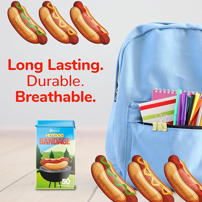 BioSwiss Bandages, Hot Dog Shaped Self Adhesive Bandage, Latex Free Sterile Wound Care, Fun First Aid Kit Supplies for Kids, 50 Count