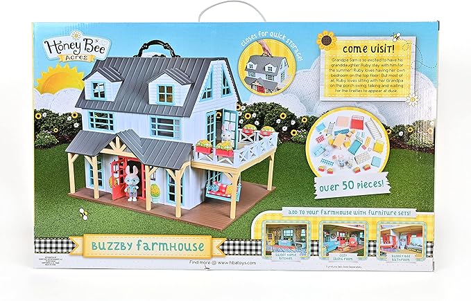 Sunny Days Entertainment Honey Bee Acres Buzzby Farmhouse – 49 Furniture Accessories with 2 Exclusive Figures | 15 Inch Dollhouse Playset | Pretend Play Toys for Kids