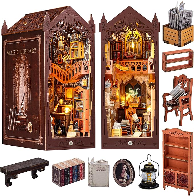 Book Nook Kit for Adult DIY Booknook Dollhouse Miniatures Bookshelf Insert Library Decor 3D Wooden Puzzle