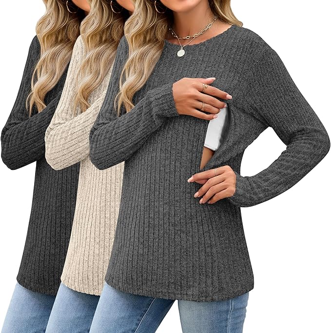 3 Pack Women's Nursing Long Sleeve Tops Breastfeeding Thermal Sweaters with Hidden Zipper Maternity Ribbed Shirts