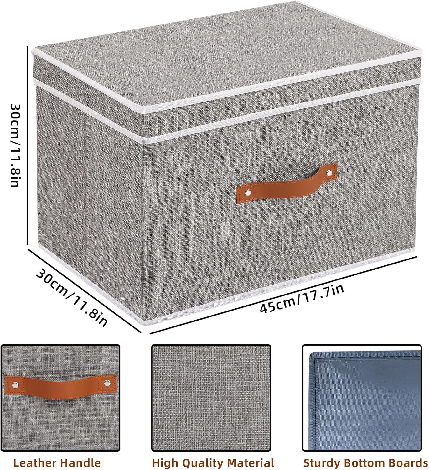 Collapsible Storage Bins with Lids, Linen Foldable Cloth Baskets, 17.7 x 11.8 x 11.8 Inch Closet Organizer Containers with Double Handles, Sweater Boxes for Bedroom, Grey, 1 Pack