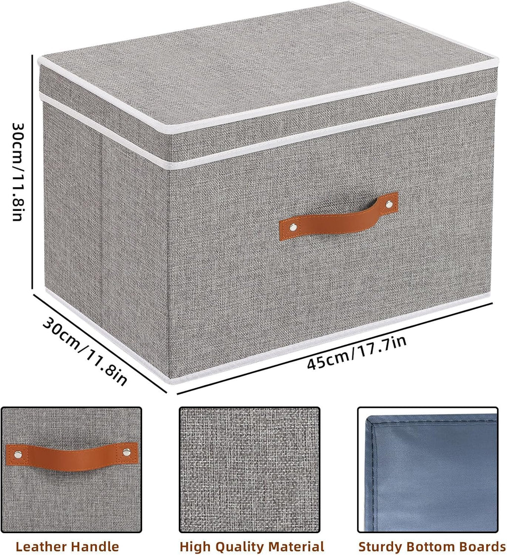 Collapsible Storage Bins with Lids, Linen Foldable Cloth Baskets, 17.7 x 11.8 x 11.8 Inch Closet Organizer Containers with Double Handles, Sweater Boxes for Bedroom, Grey, 5 Pack