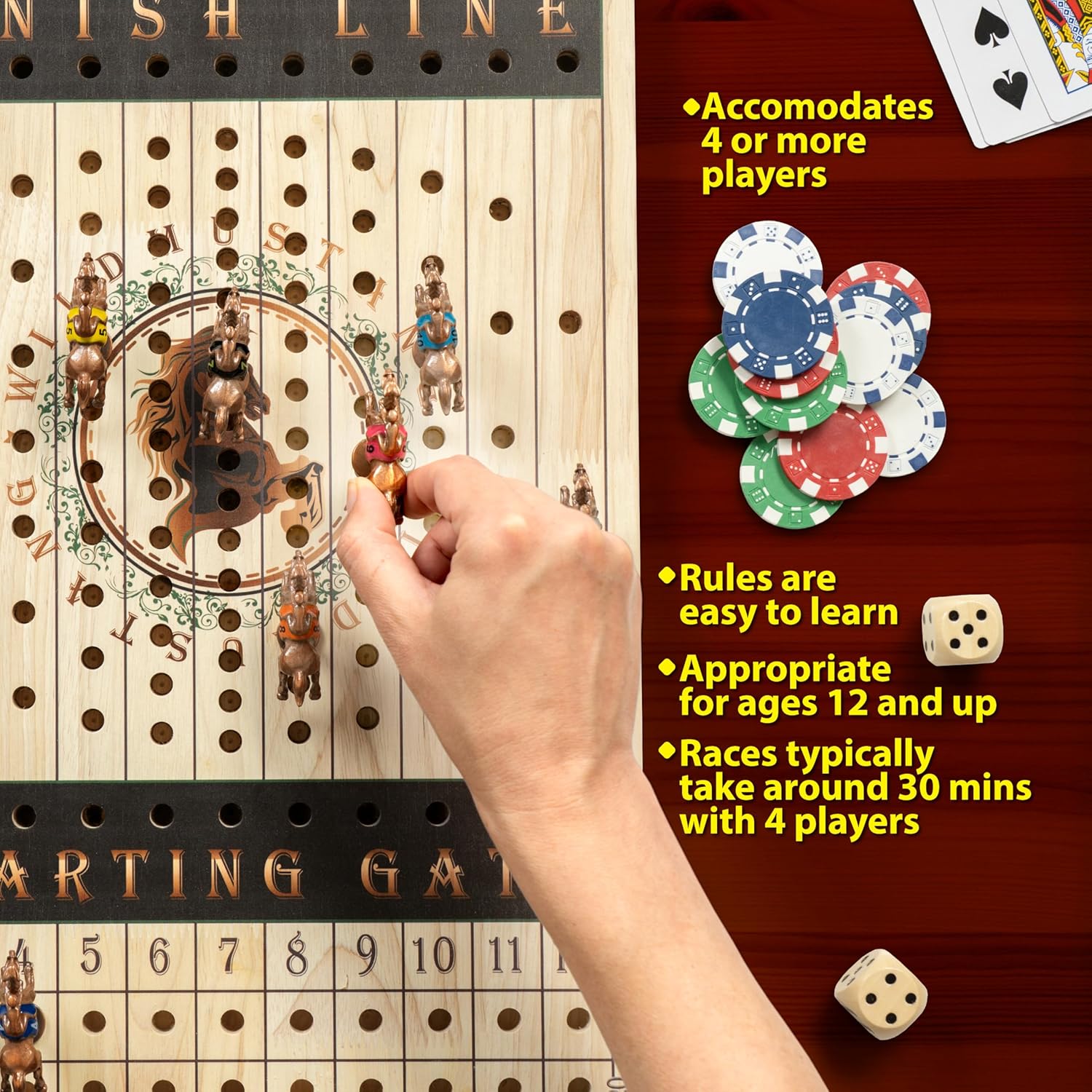 New Metal Horses Horse Race Board Game with 11 Metal Horses, 2 dice and 2 Boxes of Cards, Thick Luxurious Chessboard Wood, Horse Racing, Adult Game for Parties, Family Night