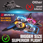BEZGAR RC Plane for Kids | 2.4GHZ Brushless Drones with Camera, 6-axis Gyro Remote Control Airplane, 360° Flip Fighter Jet Toy, Toys for ages 8-13 with Colorful LED Navigation Lights Blue