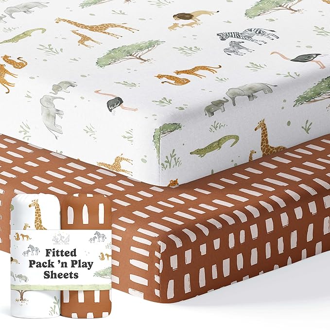 Pack and Play Sheets Fitted, Mini Crib Sheets for Graco Pack N Play Playard (38x26), Ultra Soft Organic Cotton Blend, Safe & Snug Playpen Mattress Sheet for Baby Boys & Girls, Safari Adventure, 2-Pack