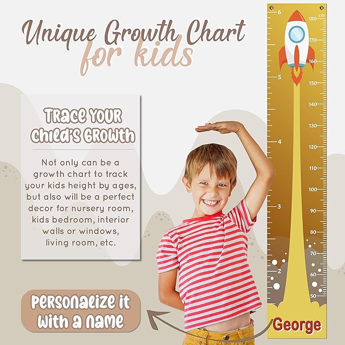 Personalized Kids Growth Chart - 12 Designs, 13oz Vinyl Height Measurement ft. cm, inches Chart for Toddlers - Ruler for Kids