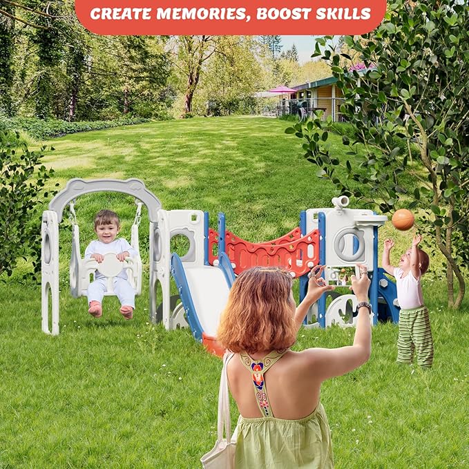 KORIMEFA 11 in 1 Toddler Slide and Swing Set, Kids Slide for Toddlers, Outdoor Indoor Playground for Toddlers 1-3, Toddler PlaySet with Basketball Hoop and Ball Golf Set, Climbing Arch(Red & Blue)