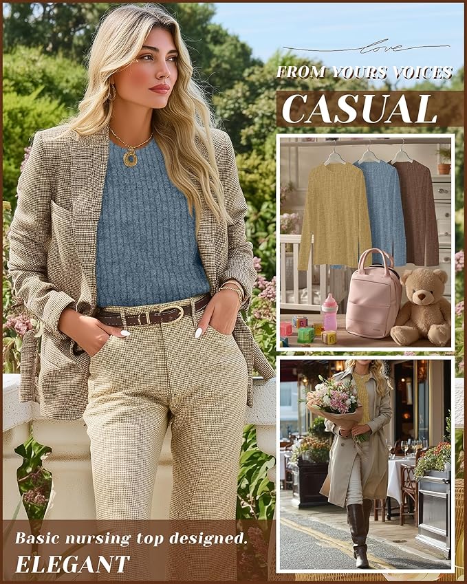 3 Pack Women's Nursing Long Sleeve Tops Breastfeeding Thermal Sweaters with Hidden Zipper Maternity Ribbed Shirts