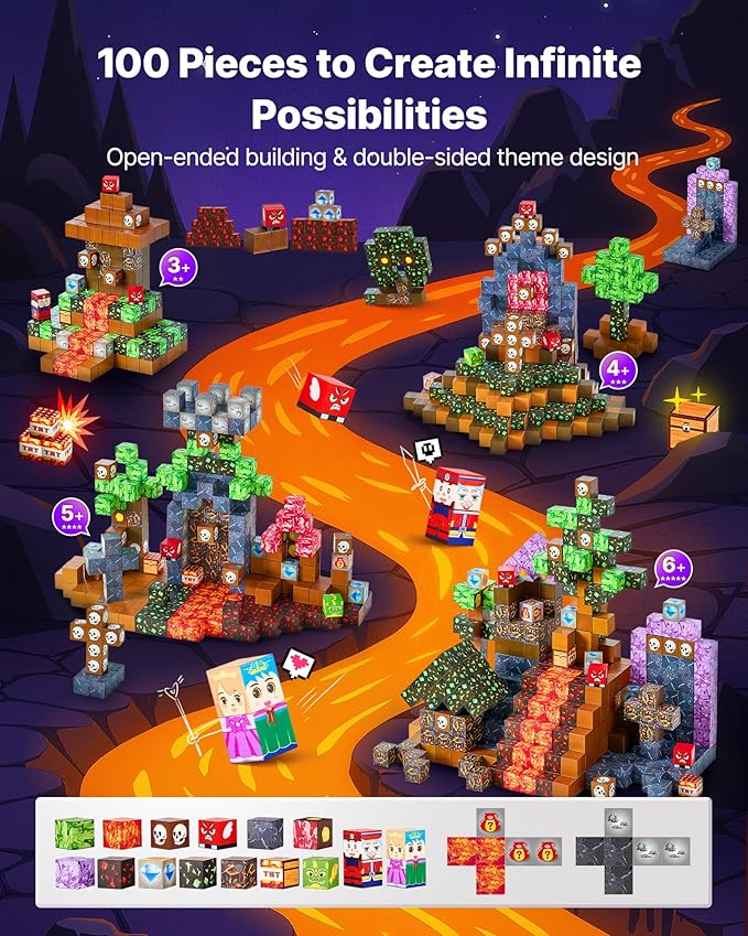 VEVOR Magnetic Blocks, 100 PCS Dark Castle Set, Magnetic Building Cubes for Kids, STEM Montessori Sensory Toys for Christmas Birthday Gift, Construction Stacking Toy for 3+ Years Old Boys & Girls