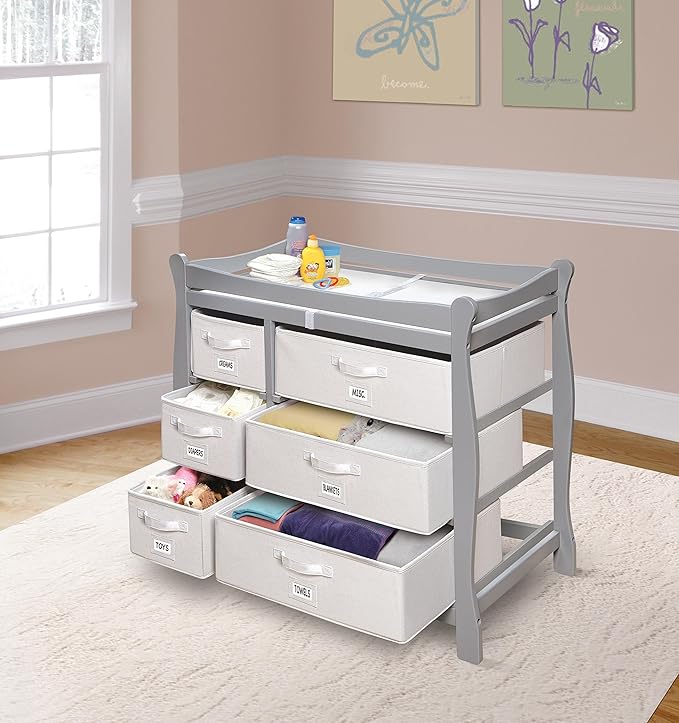 Badger Basket Sleigh Style Baby Changing Table - Diaper Station with 6 Removable Storage Baskets, Safety Rails, Pad, and Belt - Nursery Organizer - Cool Gray