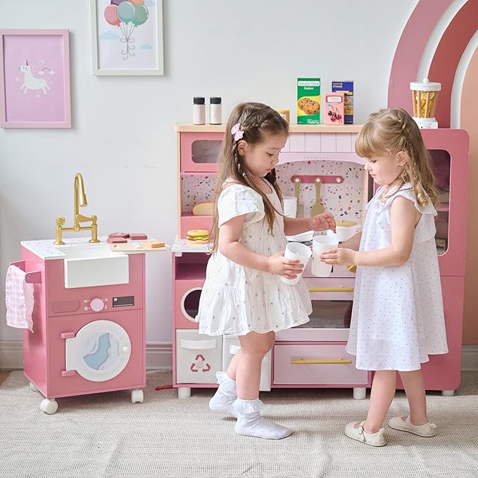 Teamson Little Chef Savannah Wooden Montessori Pretend Play Kitchen for Toddlers Kids Ages 3+ Modular Three-Piece Set with Sink Cart Stove & Fridge for Boys and Girls Playset – Pink