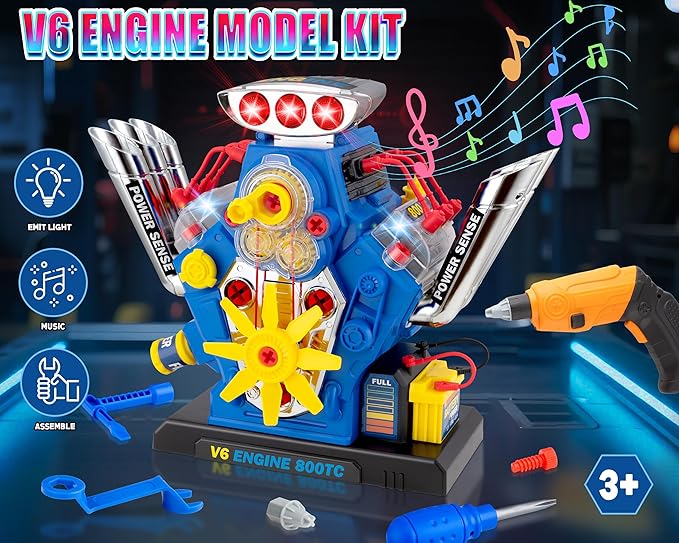 STEM New V6 Engine Model Building Kit，60-Piece Take Apart Toy with Realistic Lights & Sounds, Electric Drill & Tools - Mechanic Repair Playset for Kids Ages 3-5