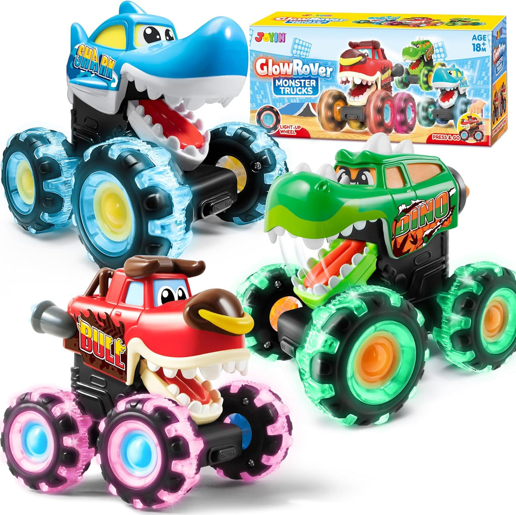 JOYIN 3 Pack Monster Truck Toy - Motion Activated Light-Up Cars for Toddlers - Monster Treads Lightning Wheels - Baby Toy Present - Press & Go Cars for Boys Girls Birthday Gifts