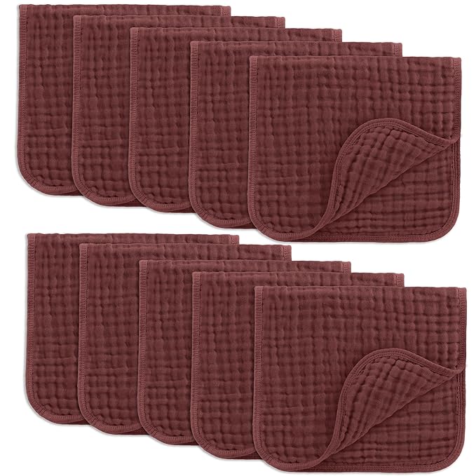 Comfy Cubs Muslin Burp Cloths 20" x 10", Pack of 10 - Large, 6-Layer, Ultra Absorbent 100% Cotton for Baby Drool and Messes - Soft, Safe & Gentle Baby Burp Cloths Set for Boys & Girls - Wine