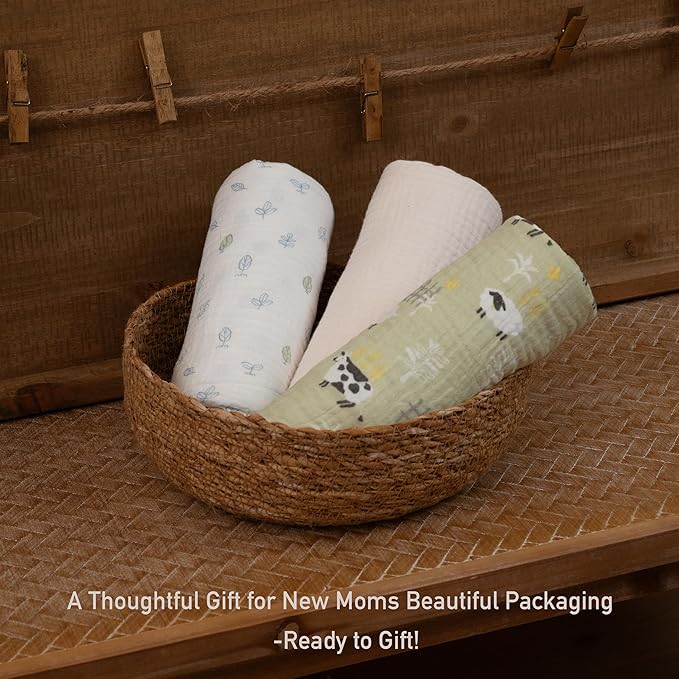 Muslin Swaddle Blankets for Newborn, 3 Pack Breathable Soft Receiving Blanket, Large 38 x 40 inches Swaddle Wrap Burping Clothes Diapers, Essentials Infant Shower Items, Toddler Gift (Cute Farm)