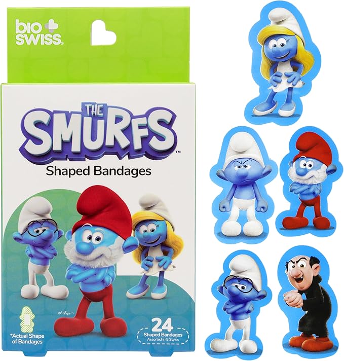 BioSwiss Bandages, The Smurfs in 3D Shaped Self Adhesive Bandage, Latex Free Sterile Wound Care, Fun First Aid Kit Supplies for Kids and Adults, 24 Count Box