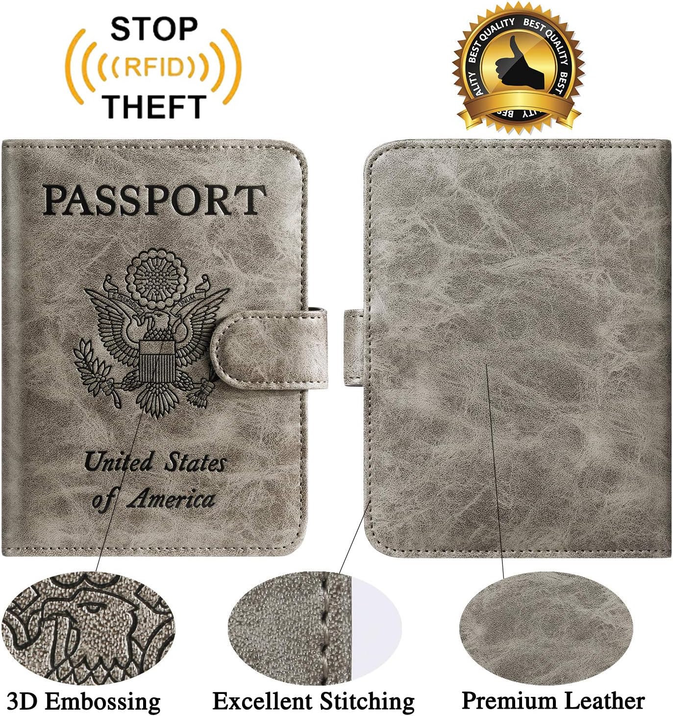 Passport Holder Cover Wallet RFID Blocking Leather Card Case Travel Accessories for Women Men (Grey)