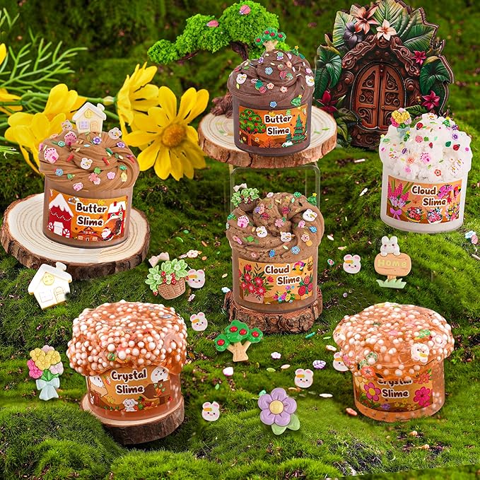 LAWOHO 6 Packs Brown Slime Kit - Cloud, Butter & Clear Slimes with Garden Add-ins, Crunchy Slime for Kids Party Favors for Girls and Boys, 360ml Slime Kits Birthday Halloween Christmas Easter Gifts