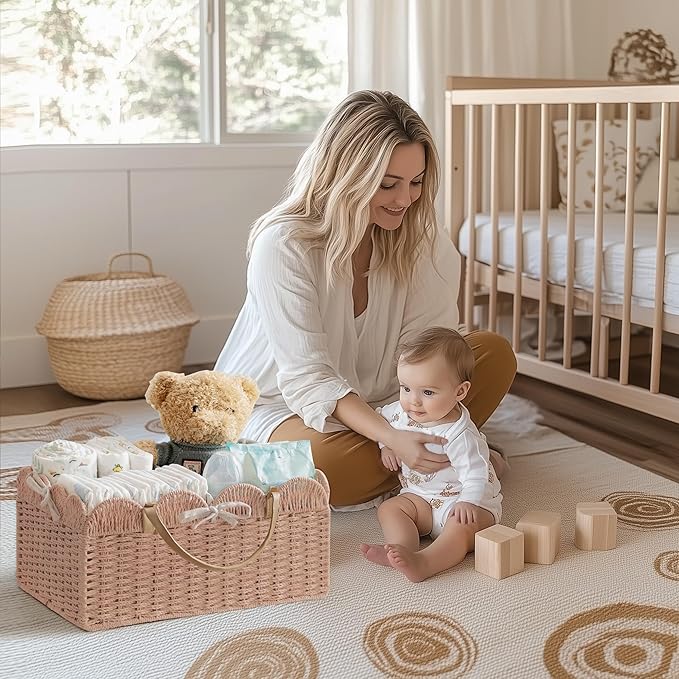 HBlife Baby Diaper Caddy, Paper Rope Storage Baskets Nursery Bin with Removable Divider, Portable Car Organizer for Diapers, Baby Shower Gifts, Newborn Essentials Must Haves