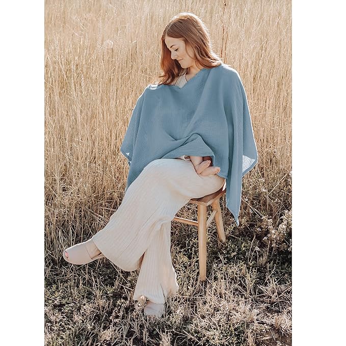 Konssy Muslin Nursing Cover for Breastfeeding, 360° Full Privacy Breathable 100% Cotton Breastfeeding Cover, Multi-use Carseat Canopy(Blue)