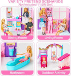 Doll House Portable & Foldable Dollhouse w/ 60+ Pcs & 2 Dolls, Play House Toy with Bedroom Bathroom Kitchen Furniture Playset, Playhouse Birthday Gift for Girl Kid Toddler