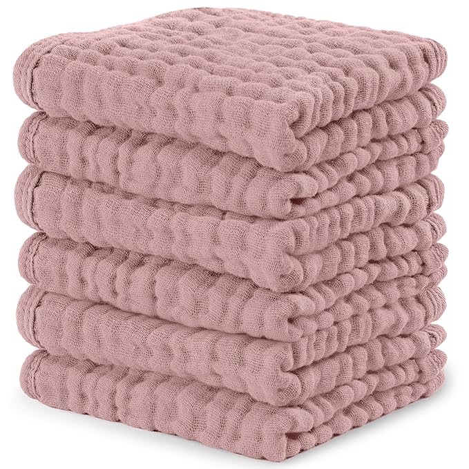 Comfy Cubs Muslin Baby Washcloths 6 Pack - Soft 6-Layer Cotton Wash Cloths for Sensitive Skin - 10"x10" Large, Gentle, Absorbent Infant Essentials for Newborn and Toddlers - Mauve