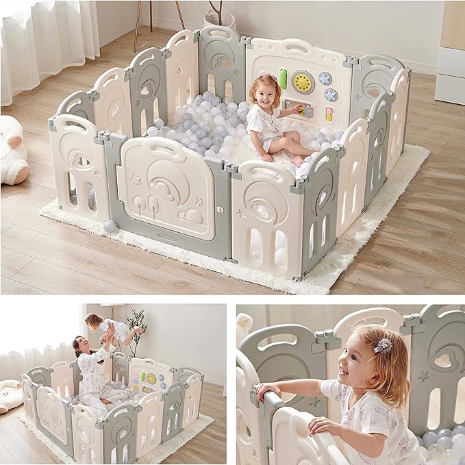 Fortella Cloud Castle Foldable Playpen, Baby Safety Play Yard with Whiteboard and Activity Wall, Indoors or Outdoors (Gray, 14 Panel)