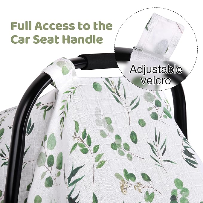 Rquite Car Seat Cover for Girl Boy, Muslin Cotton Infant Car Seat Canopy, Breathable Baby Carrier Cover, Summer Stroller Sun Shade, Leaf