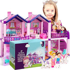 Dollhouse with 2 Princesses, 4 Unicorns, Dog, Furniture and Accessories - Pink and Purple Dream Doll House Toy for Little Girls - 5 Rooms w/Garden, Furniture and Accessories, Gift for Girls Ages 2-8