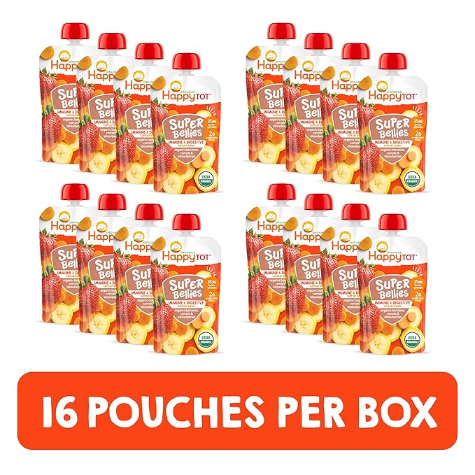 HAPPYTOT Organics Stage 4 Baby Food Pouches, Gluten Free, Vegan Snack, Super Bellies, Fruit & Veggie Puree, Banana, Carrot & Strawberry 4 Ounce (Pack of 16)