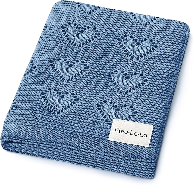Heirloom Knit Heart Receiving Unisex Blanket for Boys - 100% Luxury Cotton Baby Blanket - Soft Warm Swaddle Crib Receiving Blanket for Newborns Infants & Toddlers (Denim Blue)