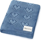 Heirloom Knit Heart Receiving Unisex Blanket for Boys - 100% Luxury Cotton Baby Blanket - Soft Warm Swaddle Crib Receiving Blanket for Newborns Infants & Toddlers (Denim Blue)