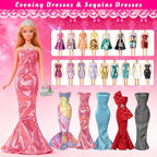 120Pcs Doll Clothes and Accessories, 5 Wedding Gowns 21 Dresses Including Evening Gowns, Fish Scale Skirts, Fashion Dresses, Swimsuits, Shoes, Hangers for Christmas Stocking Stuffers Girls Gift Age 3+